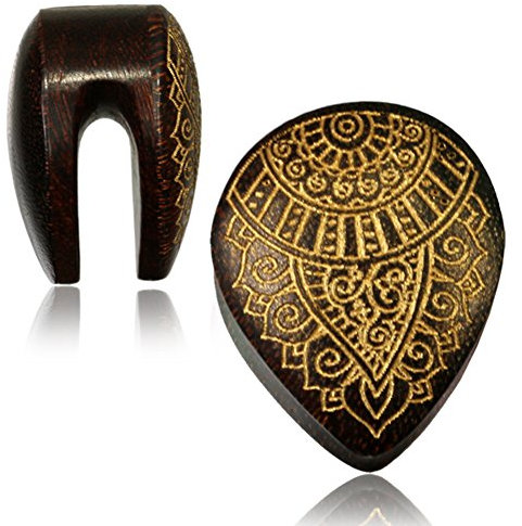 Holzplug Träne Ornament golden Tropfen umgedreht Schlitz Lobe Piercing Holz Plug Tamarinde | unisex Plugs Männer Frauen | Holzplug in Handarbeit zum Einhängen | Damen Herren Earplug orientalisch 20 mm