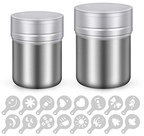 Heatigo Pack Edelstahl-Pulverstreuer, Schokoladenstreuer, Streuer, Bagger, Kaffee- und Kakaostreuer mit feinmaschigem Deckel, Power-Dose zum Backen, Kochen, Zuhause, Restaurant mit 16 Druckformen, Sch