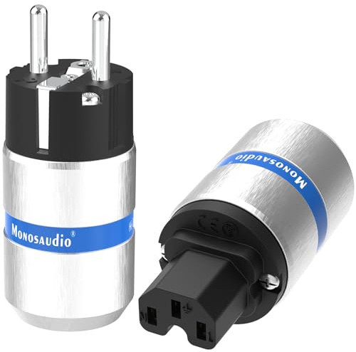 Monosaudio Paar HiFi Schukostecker & IEC C15 Anschluss Buchse Steckdose High-End Kaltgeräte-Stecker 16A 250V Audiophiler Netzstecker Kupplung Rhodiniert Aluminium-Schale E106R/F106R Reines Kupfer