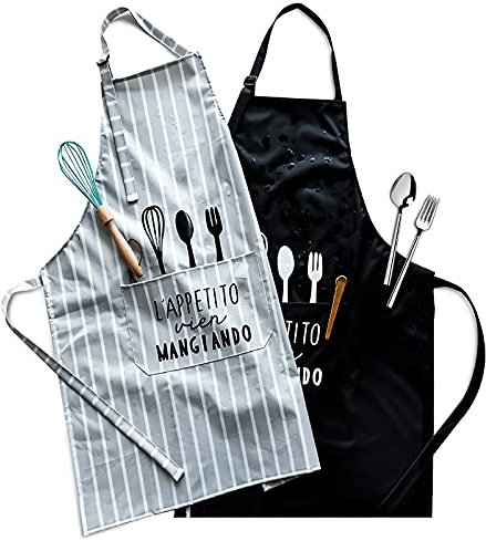 Wasserdichte Schürze, 2 Stück PVC Schürzen mit großen Taschen und verstellbarem Nackenband für Männer und Frauen, Kochschürzen für Küche, Restaurant, Garten, Grillen, Backen (schwarz + grau)