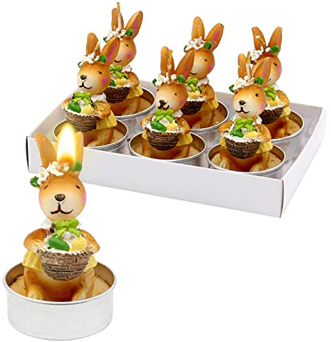 Dekohelden24 - Candele tealight pasquali – Candela tealight come coniglietto pasquale con cesto in set da 6 pezzi, marrone, dimensioni di ogni lumino: circa 4,5 x 6 cm.