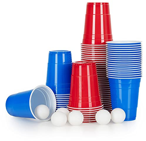 Stagecaptain Beer Pong Becher und Bälle Set - 90 Ersatz-Cups für Bier Pong-Spiel - Je 45 Becher in den Farben Rot und Blau - 6 Spielbälle in Weiß