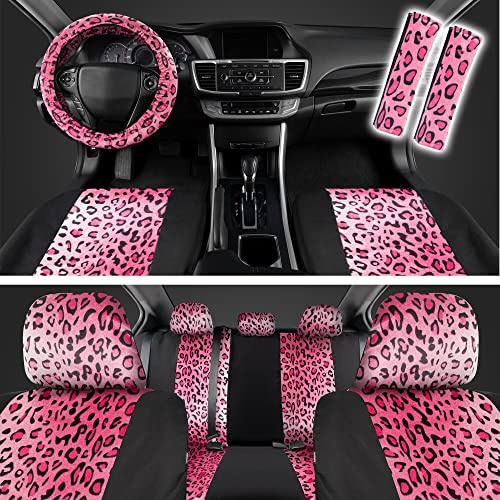 carXS Autositzbezüge mit Leopardenmuster, komplettes Set, inklusive passenden Gurtpolster und Lenkradbezug, zweifarbiger Gepard Hot Pink Sitzbezüge für Autos für Frauen, Autositzschoner Innenbezüge