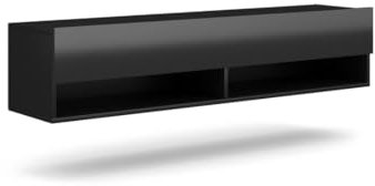 PRICE FACTORY just for you Meuble TV Suspendu Design Cluj, 140 cm, 1 Porte et 2 niches, Coloris Noir et Noir Brillant.