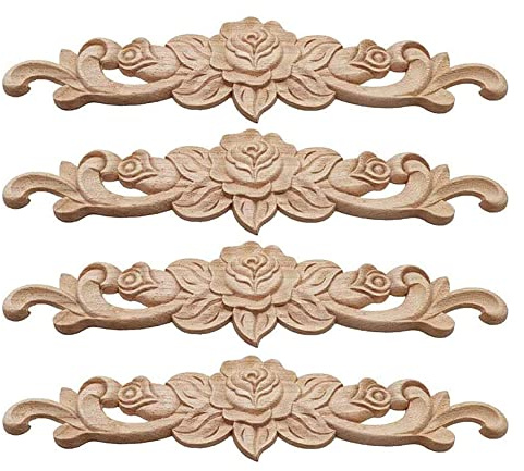 Hezhou Holz Ornament Holzornamente für Möbel Vintage Deko Geschnitztes Holz Skulptur Applique Onlay Lange Geschnitzte Holzschnitzerei Applikation Unbemalte für Möbel (F)