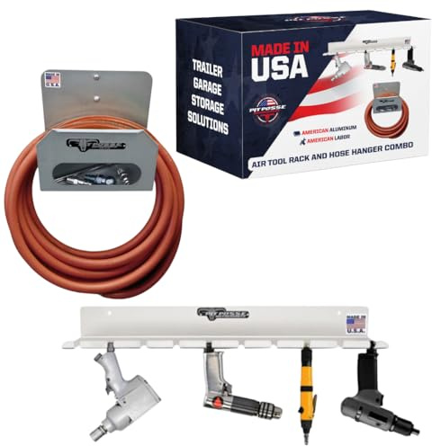 Pit Posse PP3359A Air Tool Pneumatic Rack Holder and Air Hose Hanger Combo- Made in USA- Aluminum Tool Organizer for Garage Trailer Workspace-Toy Hauler-Snowmobile-5th Wheel-Holds Up to 10 Air Tools