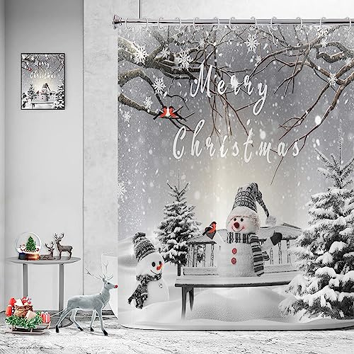 Hnmdmyi Duschvorhang Weihnachten 180x200, Winter Schneemann Schneeflocke Weihnachtsbaum Kardinal Vogel Urlaub Grau Badewanne Vorhang Wasserdicht Polyester Stoff Waschbar Badevorhang mit Haken