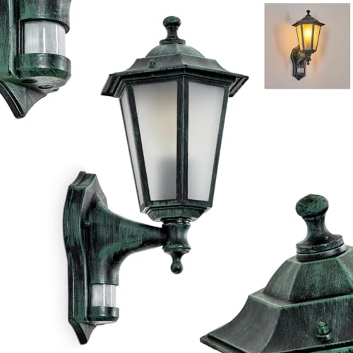 HOFSTEIN Außenwandleuchte Loria FROST, Außenwandlampe mit Bewegungsmelder aus Metall/Milchglas in Schwarz-Grün, Wechselscheiben Klar, Wandleuchte im Retro-Stil, E27, IP44, Eingangsbereich, Haustür
