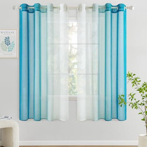 Woaboy Cortina Corta Ventana Translúcida Visillo Dormitorio con Ojales Moderno Decorativas Poliéster Visillos Degradado Gradiente para Habitación Salon 2 Piezas 140x145cm Lago Azul