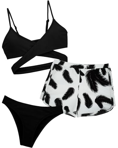 Happy Cherry Costume da bagno per bambine e ragazze, 3 pezzi, con slip + pantaloncini da bagno Swimwear 8-14 anni, Nero , 10-11 Anni