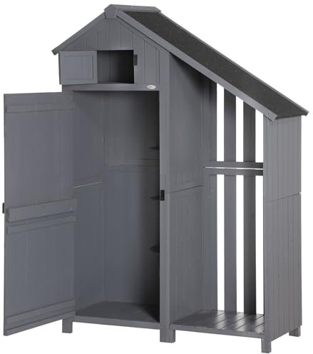 Outsunny Wooden Garden Storage Shed with 3 Shelves, Outdoor Garden Tool Storage Cabinet with Tilt Roof, Firewood Rack Log Carrier, 129 x 51.5 x 180cm, Grey