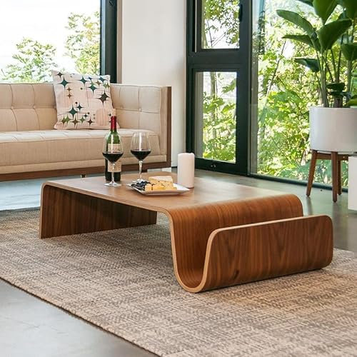 Table basse incurvée en bois pour salon, salon, table à thé, table à cocktail, table créative simple en bois massif, table d'appoint pour canapé (couleur : noyer)