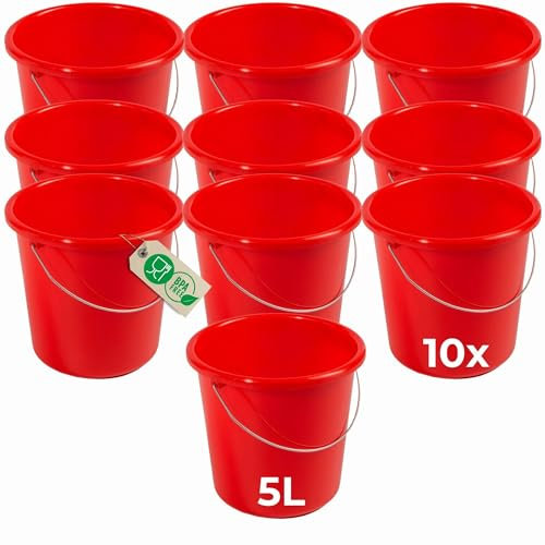 Novaliv Lot de 10 seaux de 5 l - Rouge avec graduation dimensionnelle - Seau de nettoyage 5 litres ? 22,5 cm - Pratique et polyvalent avec graduation pour la maison et le jardin - Idéal comme seau