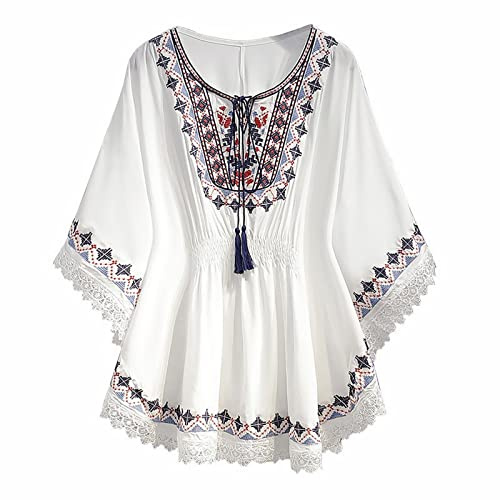 Chemise bohème pour femme âgée, tunique florale en lin brodée, manches courtes, coupe ample, chemisiers indiens à manches longues, vêtements en gaze, haut paysanne bohème pour femme, style bohème