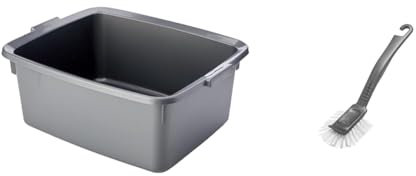 Addis 502813 Plastic Butler Large Rectangular Bowl, Metallic Silver, 12.5 Litre & Jumbo Washing Up Dish Brush, Metallic Silver