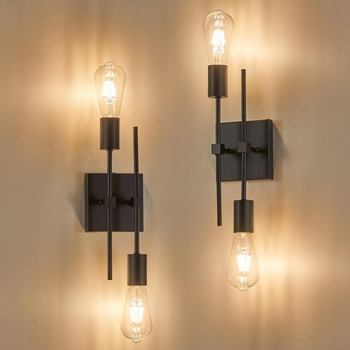 SUCIKORIO 2 Pezzi E27 Applique da Parete Interno Vintage, Nero Industrial Metallo Lampade Muro 2 Luci Lampade da Parete per Interni Camera da Letto, Corridoio, Bagno, Soggiorno, Senza Lampadina