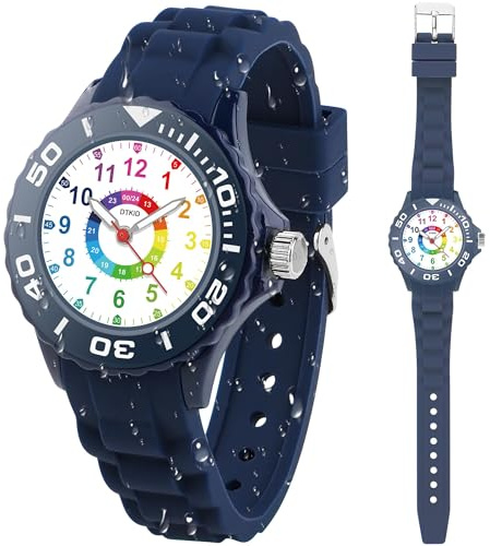DTKID Orologio Bambino, Orologi Analogici al Quarzo per Bambini, Orologi Educativi per Ragazzi e Ragazze con Ghiera Girevole Cinturino in Silicone 4-15 Anni (Blu)