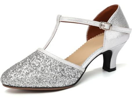 YCALCP Zapatos de Baile de Salón Lentejuelas Cerrados Práctica Salsa y Bachata Tango Profesional de Salon,FT-135-Suela de Goma,Tacón de 5.5cm,Plata,EU 38