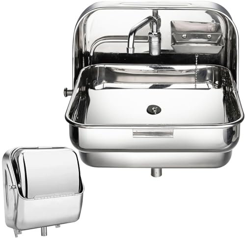 SGKOMN Wandmontiertes Badezimmer-Klappwaschbecken mit Kaltwasserhahn, Edelstahl-Handwaschbecken für Wohnmobil, Wohnwagen, Camper, Boot(37 * 39 * 37.5cm)