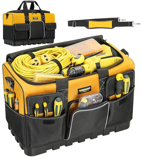 WINHUNT Open Mouth Tool Bag, Heavy Duty Electrician Tool Bags, Tool Storage Organiser with Waterproof Hard Base, Yellow/Black, 20 Inch