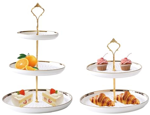 DYUEE Set of 2 Round Porcelain Tiered Cupcake Stand 3 Tiers and 2 Tiers