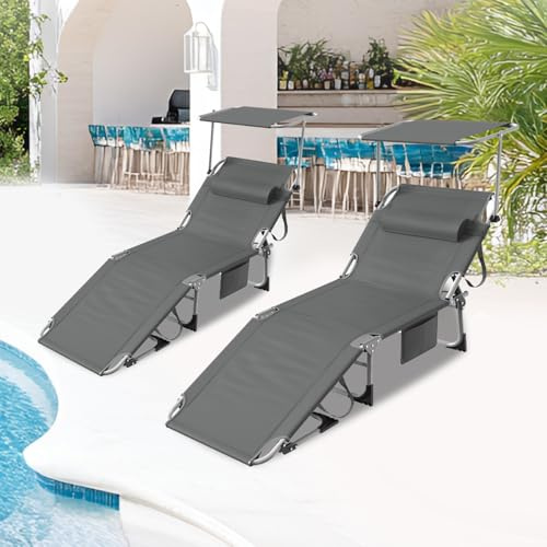 2er Sonnenliege Mit Dach 195X69cm, Wetterfeste Gartenliege XL, Strandliege Klappbar & Leicht, Mit Sonnenschutz & Verstellbarer Rückenlehne, Bis 150 Kg, Ideal Für Garten Terrasse Camping, Anthrazit