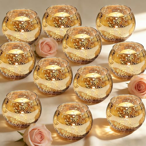MAIJIAJU 24PCS Tea Light Candle Holders, Round Speckled Mercury Glass Tealight Holders Bulk, Vintage Votive Candle Holder for Party Wedding Table Centrepiece, Coffee Table Dinner Home Decor (Gold)