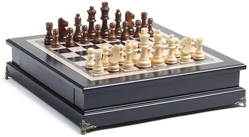 ZJFHEYUO Schach, 15 Zoll großes Schachspiel aus Holz, Dame-Aufbewahrungsschublade, 3 Zoll große Schachfiguren in Königshöhe, Klassische 2-in-1-Brettspiele, Schachbrett für Anfänge