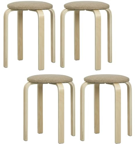 HOMCOM Juego de 4 Taburetes Apilables Redondos Taburetes Bajo de Cocina de Madera con Asiento Acolchado para Comedor Dormitorio Oficina Salón Caqui y Natural