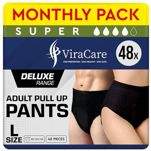 48 x Black Super Incontinence Pants Women and Men, Adult Nappies | High Absorption, Anti-Leakage, Soft-Stretch Waistband, Breathable, Discreet Fit, Adult Diapers, Large Size (4 Packs of 12)
