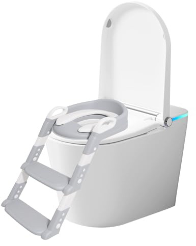 2 in 1 Toilettensitz Kinder mit Treppe Verstellbar Höhe Toilettentrainer Mit Treppe mit Trittstufe Sitzpolster Rutschfestes Pedal Leicht Tragen Abnehmbar Toilettentreppe für Baby (Grau)
