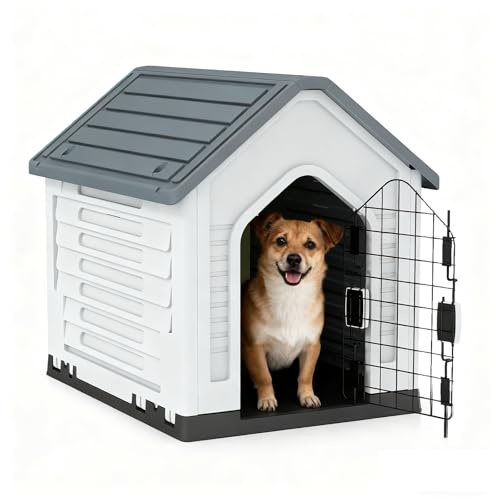 GYMAX Caseta para Perros, Casa de Plástico para Perros con Puerta Metálica Bloqueable, Techo Inclinado, Buena Ventilación, Refugio para Animales Adecuado para Interior, Exterior (Gris)