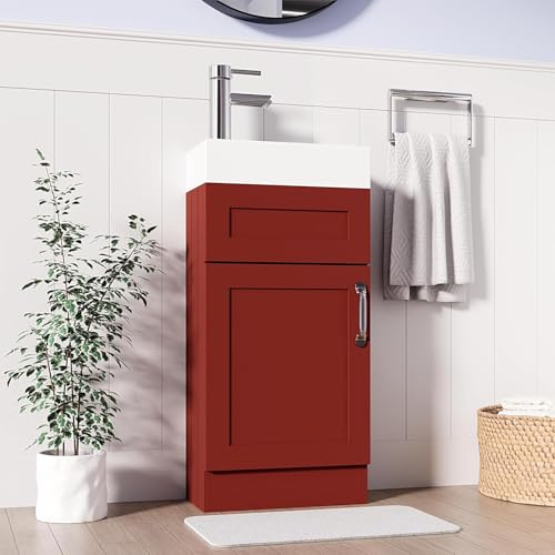 BELOFAY 400mm Floor Standing Bathroom Vanity Unit With Basin - Slim Waterproof Laquered Cloakroom Vanity Unit with 1 Tap Hole Ceramic Basin & Waste | Reversible Tap Fitting (Crawley Terracotta)