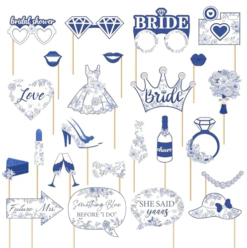24 Pcs Foto-Requisiten und Partydekorationen, Lustiges Fotobox-Zubehör und Bühnen-Deko, Wiederverwendbar für Hochzeiten und Junggesellenabschiede in Blau