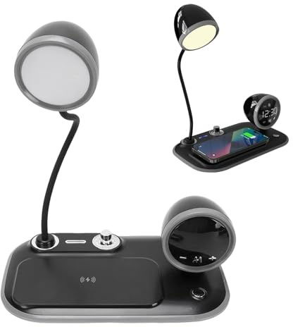 Diyeeni LED Desk Lamp with Wireless Charger, Retro Table Lamp with Clock & Alarm, Dimmable Table Light with 3 Lighting Modes for Home Office, Support for Qi Protocol