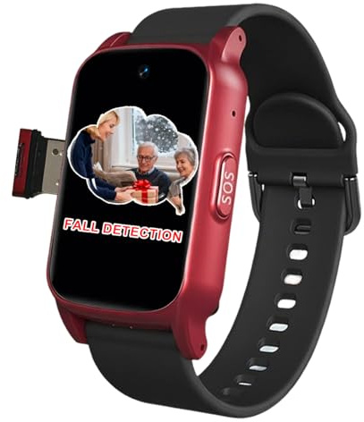 VCYEX Montre Connectée Senior avec Détection De Chute Bracelet Alarme Personne Agee Bracelet Montre Connectée avec Vidéo Voix Et Message SOS GéorepérageRed,1.25 * 0.57 * 2.22inch