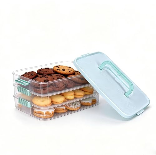 Punorric Cracker Storage Container 3-Tier, Biscuit Tins Large Airtight Biscuit Container with Time Marker Handle, Stackable Dumpling Storage Box & Cookie Serving Tray for Sharing