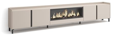 Skraut Home | TV-Schrank, Lowboard | für Wohnzimmer und Esszimmer | 315x61x35 cm | Für TV-Geräte bis zu 80 | Elektrokamin XXL | Industriedesign | Moderner Stil | Beige