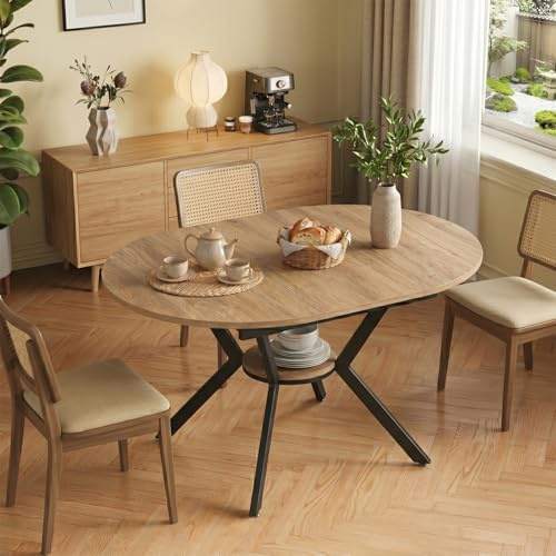 Esstisch Rund Ausziehbar, 100-140cm Küchentisch Holz, Esszimmertisch Oval mit Teleskopfunktion, Wohnzimmertisch Erweiterbar mit Offenen Ablagen für Küche, Esszimmer und Wohnzimmer (Eichenfarbe)