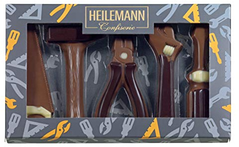 Heilemann Themenpackung Werkzeuge Edelvollmilch | aus cremiger Vollmilchschokolade, liebevoll verziert mit weißer und Zartbitterschokolade, Perfekt als Geburtstagsgeschenk