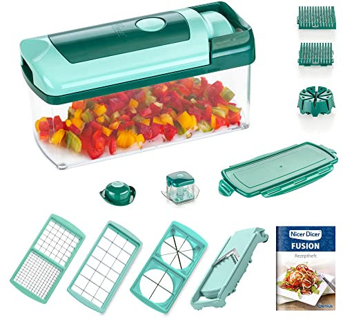 Genius Nicer Dicer Fusion | 13 Teile | smaragdgrün | Alles-Schneider | Hobeln | Würfeln | Schneid-Gerät | TV-NEU, 26.5 x 11.5 x 14.5 cm