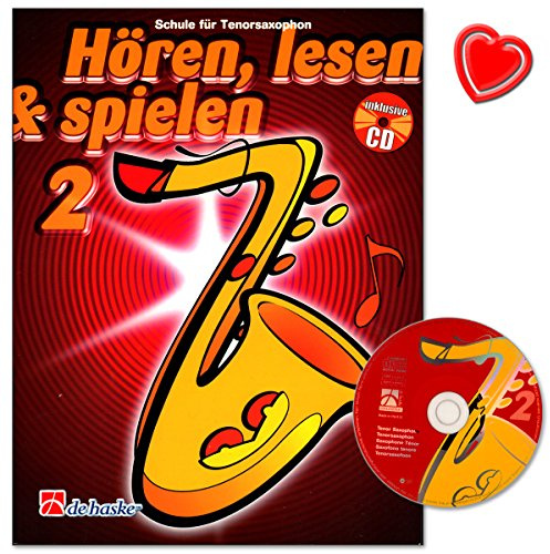 Hören, Lesen and Spielen Band 2 für Tenorsaxophon - individuelle Bläserschule von Jaap Kastelein und Michiel Oldenkamp - mit Audiotracks Online und bunter herzförmiger Notenklammer