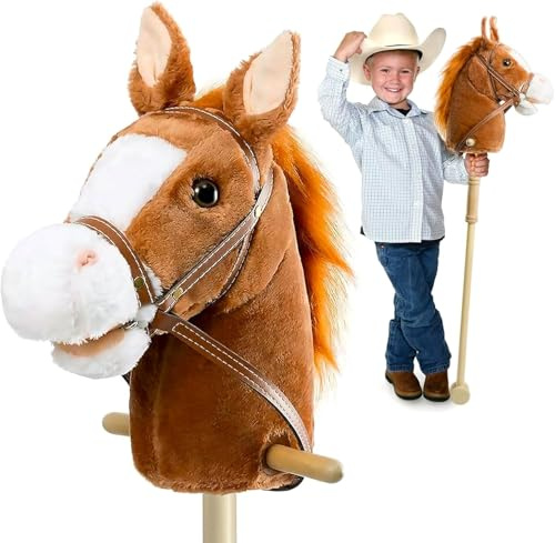 HollyHOME Stick Horse with Wood Wheels Real Pony Neighing and Galloping Sound Plush Hobby Horse Toy, 91cm, Brown (AA Batteries Required)