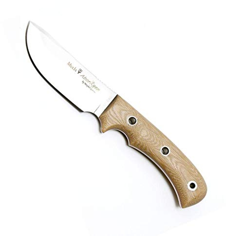 Muela Cuchillo ABORIGEN-12D hoja de acero ACX-380 de 12 cm y empuñadura de micarta canvas desert para Caza, Pesca, Supervivencia y Bushcraft Realizado en Ciudad Real + Portabotellas de regalo