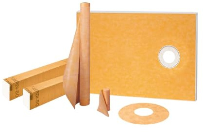 Schluter Kerdi Shower Kit with Shower Tray, Curb, Waterproofing Membrane, Strips & Collar - 38 x 60 Tray Size, Off-Center Outlet Position - KSK9651525S