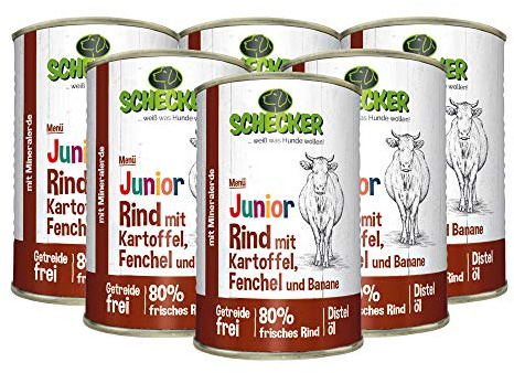 Schecker Nassfutter - Hundemenü Junior Rind mit Kartoffel, Fenchel und Banane - 6 x 410 g - Welpenfutter für Hunde - 80% Frisches Rind
