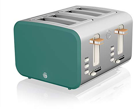 Swan ST14620GREN Nordic 4-Slice Toaster with Defrost/Reheat/Cancel Functions, Cord Storage, 1500W, Green