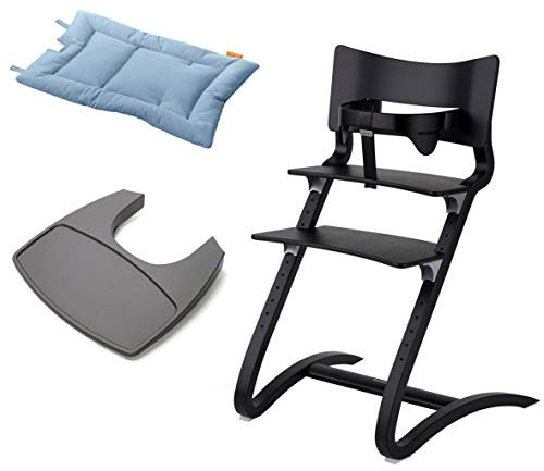 Leander Stuhl schwarz lackiert - Hochstuhl - Kinderstuhl - Erwachsenenstuhl mit Babybügel + Tablett grau + Kissen dusty blue