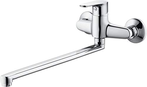 DEANTE Wandarmatur mit langem Schwenkauslauf (30cm), Chrom, Metall, Modern, Chrome, Wandmontage, Scheibenventil, Einloch, Keramikdichtungen, Komplett mit Montagematerial