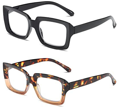 MMOWW 2 Pacco Occhiali da Lettura Donna Rettangolari - Oversize Square Frame Anti Luce Blu Occhiali (nero+tartaruga, +1.5)